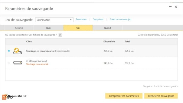 paramètres de sauvegarde