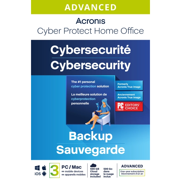Acronis Cyber Protect Home Office Advanced 2024 | 3 PC | 1 An | 500 Go Sauvegarde en Cloud
