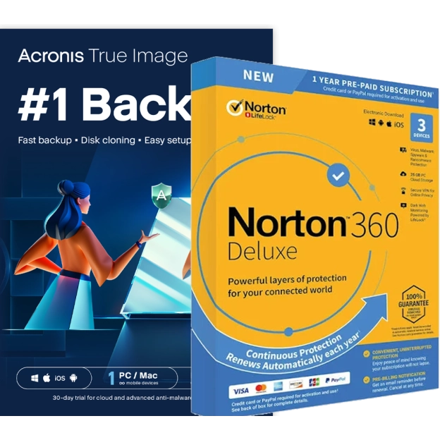 Acronis True Image Essentials | 1 PC | 1 Year + Norton 360 Deluxe | 3 Devices