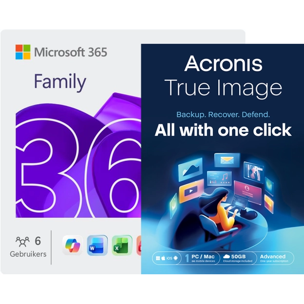 Microsoft 365 Family + Acronis True Image Advanced | 50 GB Cloud | 1 PC | 1 Jaar