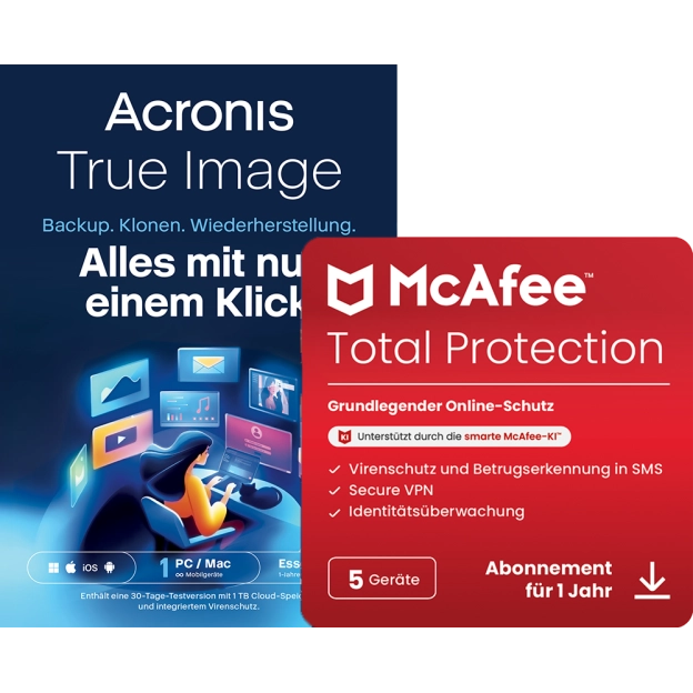 Acronis True Image Essentials | 1 PC | 1 Jahr + McAfee Total Protection | 5 PC | 1 Jahr