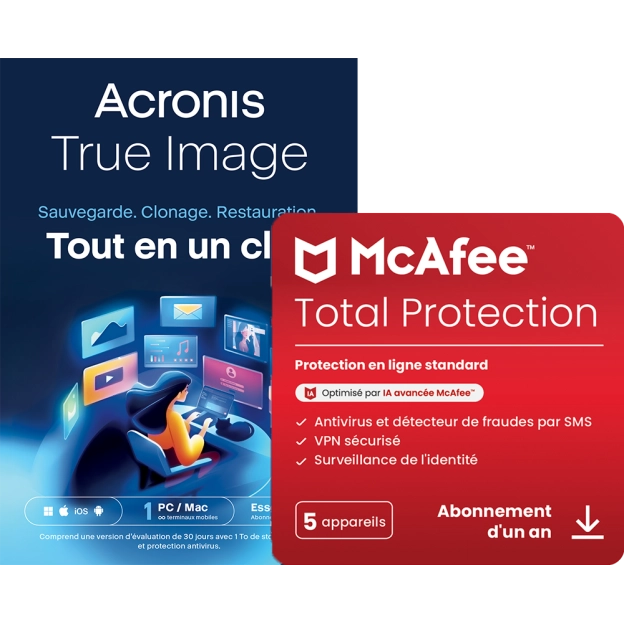 Acronis True Image Essentials | 1 PC | 1 an + McAfee Total Protection | 5 PC | 1 an