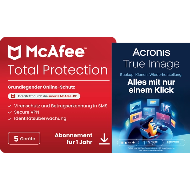 McAfee Total Protection | 5 PC | 1 Jahr + Acronis True Image Essentials | 1 PC | 1 Jahr