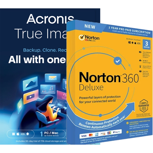 Acronis True Image Essentials | 1 PC | 1 Year + Norton 360 Deluxe | 3 Devices