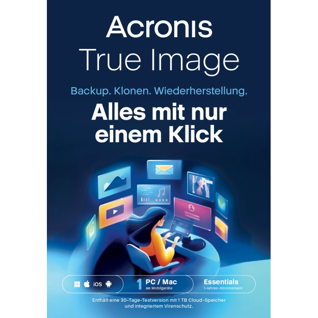 Acronis True Image Essentials 2026 | 1 PC | 1 Jahr | Mobile/Tablet inklusive