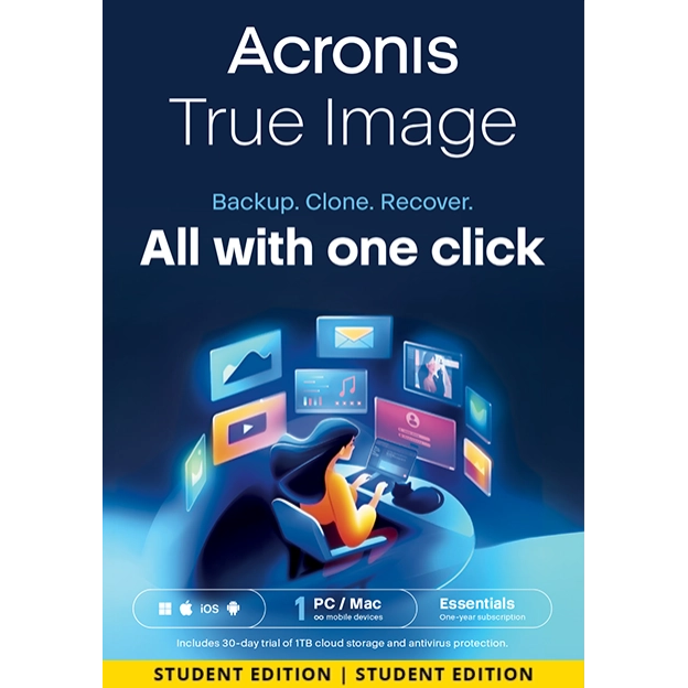 Acronis True Image Essentials 2026 | Student Version | 1 PC | 1 Year | Mobile/Tablet included