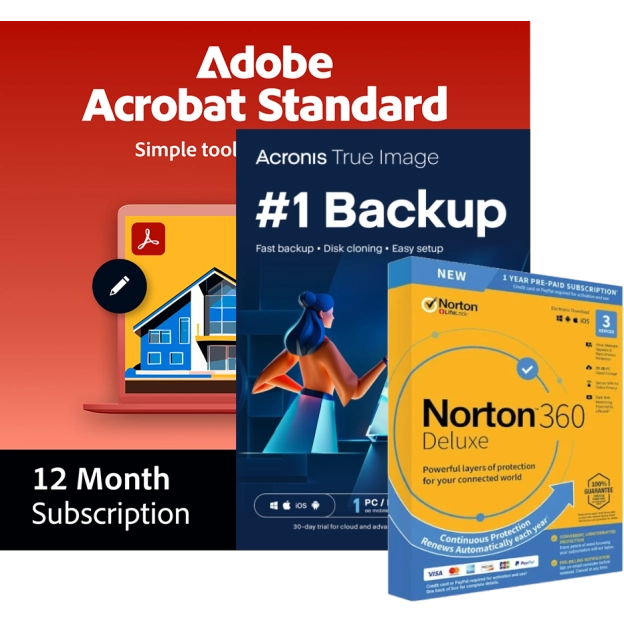 Acrobat Standard + Norton 360 Deluxe + Acronis Essentials 