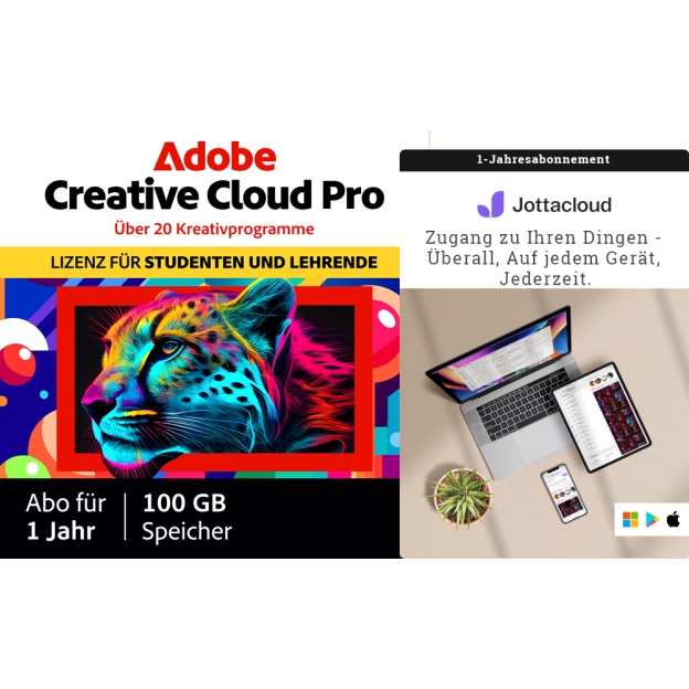 Adobe Creative Cloud Pro (alle Anwendungen) Student & Teacher Edition + Jottacloud Personal Unlimited | 1 Benutzer | 1 Jahr