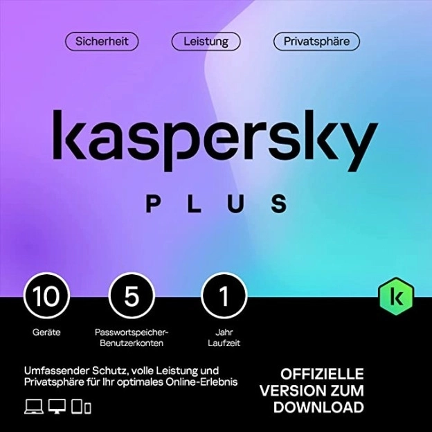 Kaspersky Plus | 10 Geräte | 1 Jahr | 2026 | Edition für Vereinigtes Königreich