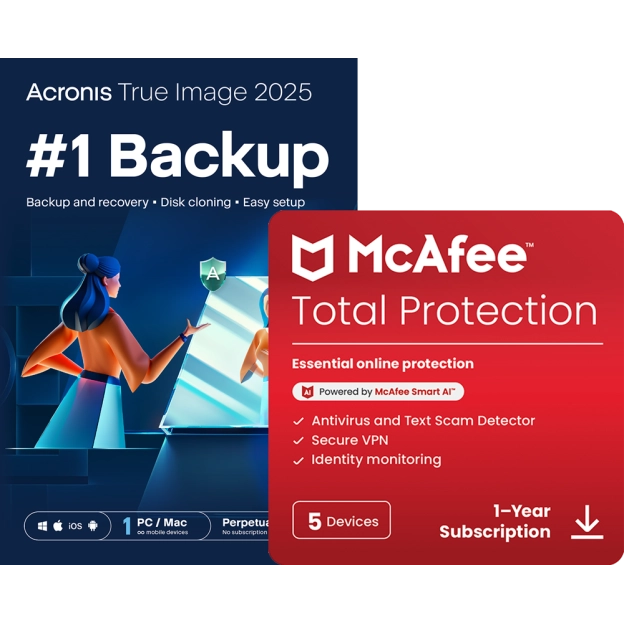Acronis True Image Essentials | 1 PC | 1 Year + McAfee Total Protection | 5 PC | 1 Year