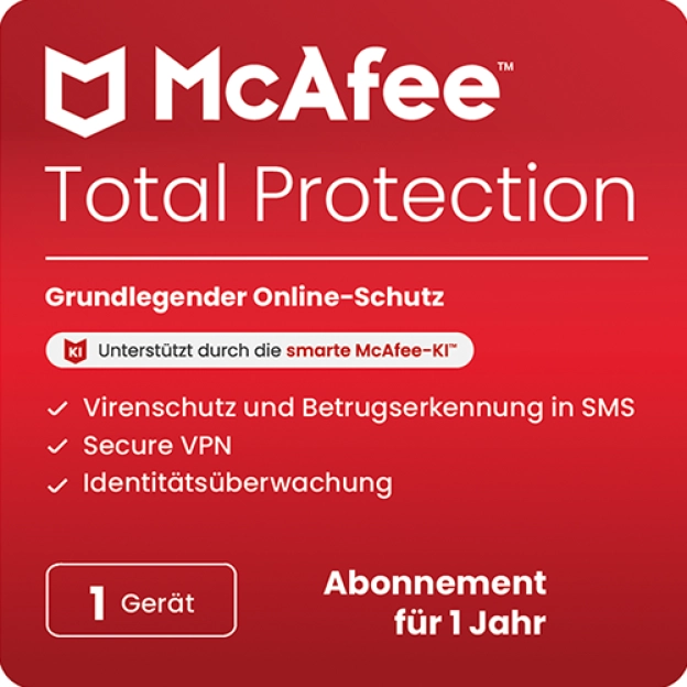 McAfee Total Protection 2026 | 1 Gerät | 1 Jahr | Windows - Mac - Android - iOS