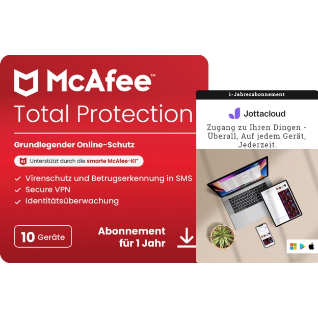 McAfee Total Protection 2026 | 10 Geräte + Jottacloud Personal Unlimited | Unbegrenzter gesicherter Cloud-Speicher