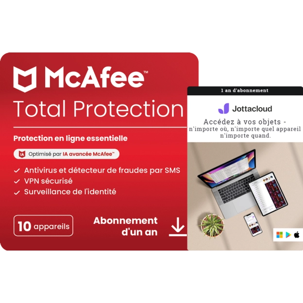 McAfee Total Protection 2026 | 10 appareils + Jottacloud Personal Unlimited | Stockage sécurisé illimité sur le cloud