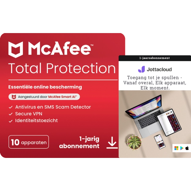 McAfee Total Protection 2026 | 10 Apparaten + Jottacloud Personal Unlimited | Onbeperkte beveiligde cloudopslag