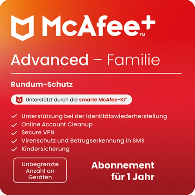 McAfee+ Advanced Family | 1 Jahr | Unbegrenzte Geräte | Windows - Mac - iOS - Android - ChromeOS