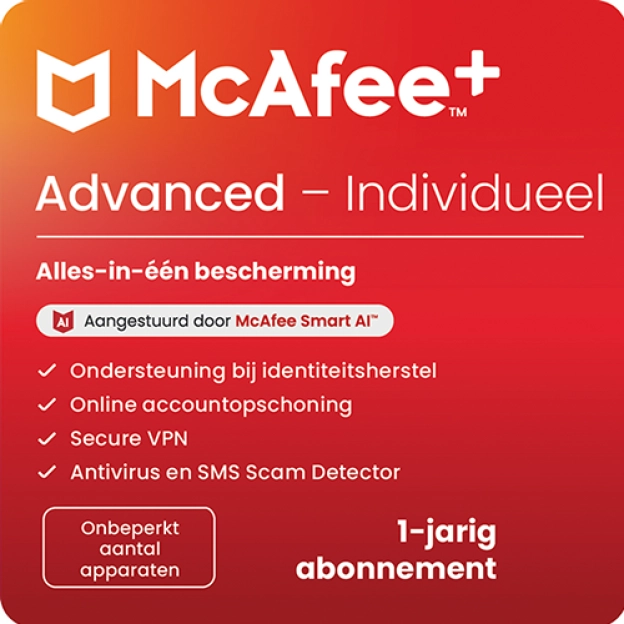 McAfee+ Advanced Individual | 1 Jaar | Onbeperkt aantal apparaten | Windows - Mac - iOS - Android - ChromeOS