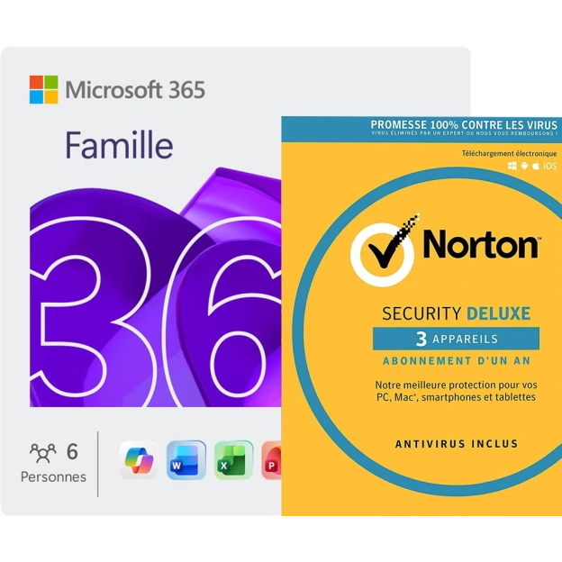 Microsoft 365 Famille + Norton Security Deluxe | 3 Appareils | 1 An