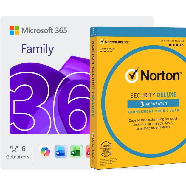 Microsoft 365 Family + Norton Security Deluxe | 3 Apparaten | 1 Jaar