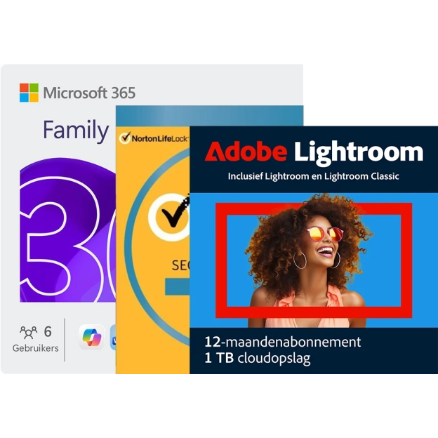 Microsoft 365 Family + Adobe Lightroom + Norton Security Deluxe | 1 Jaar