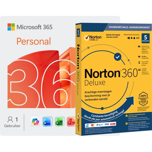 Microsoft 365 Personal + Norton 360 Deluxe | 5 Apparaten | 1 Jaar
