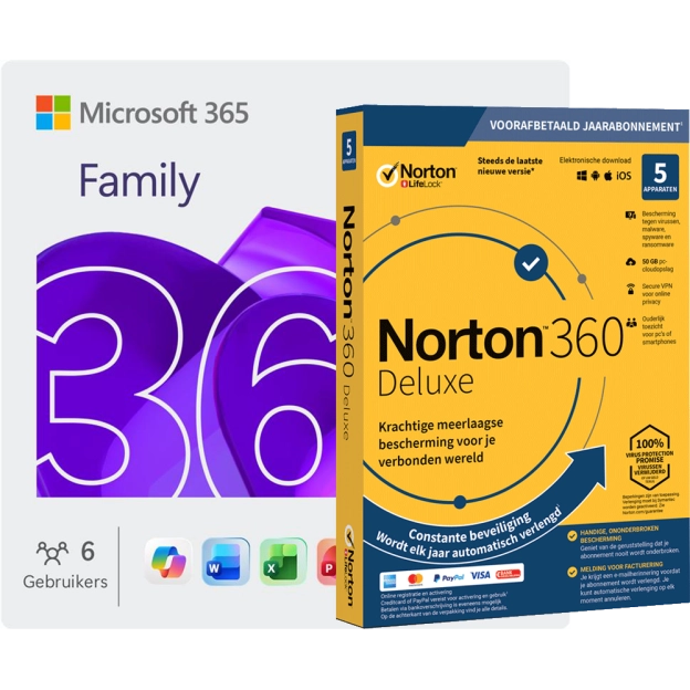 Microsoft 365 Family + Norton 360 Deluxe | 5 Apparaten | 1 Jaar