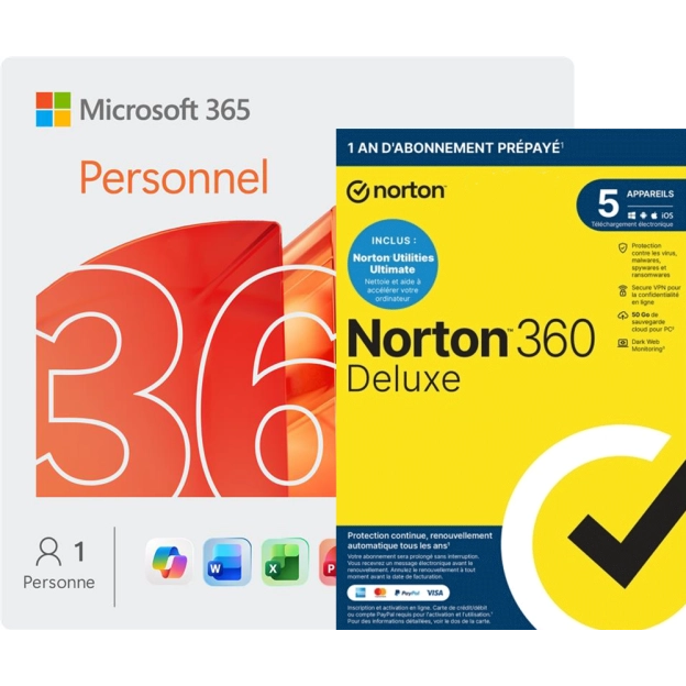 Microsoft 365 Personnel + Norton 360 Deluxe avec Norton Utilities | 5 Appareils | 1 An