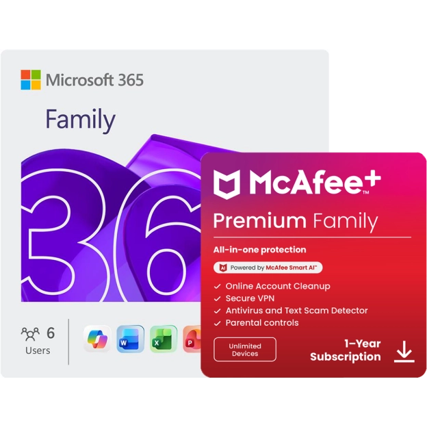Microsoft 365 Family + McAfee+ Premium Family | 1 Year