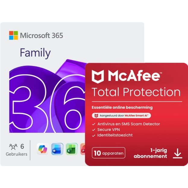 Microsoft 365 Family + McAfee Total Protection | 10 Apparaten | 1 jaar