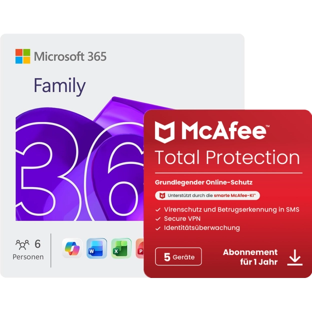 Microsoft 365 Family + McAfee Total Protection | 5 Geräte | 1 Jahr