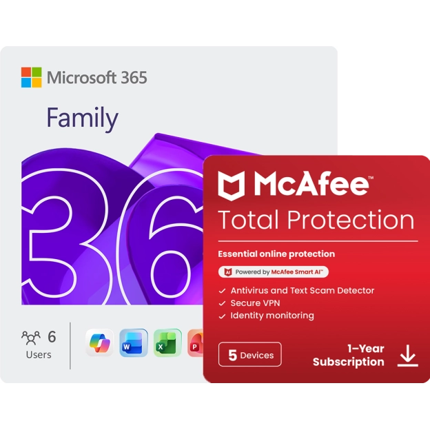 Microsoft 365 Family + McAfee Total Protection | 5 Devices | 1 Year