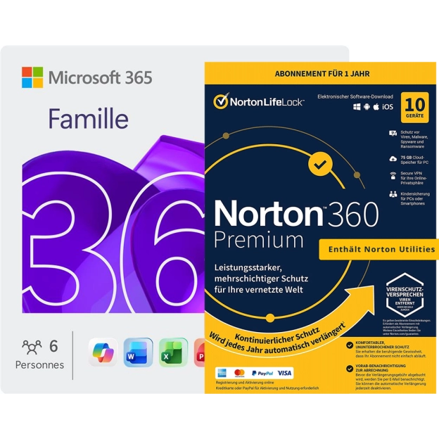 Microsoft 365 Family + Norton 360 Premium mit Norton Utilities | 1 Jahr