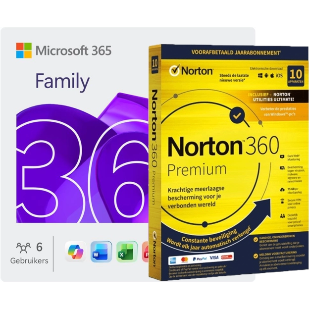 Microsoft 365 Family + Norton 360 Premium met Norton Utilities | 1 Jaar