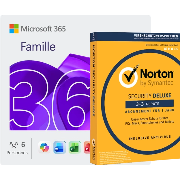 Microsoft 365 Family + Norton Security Deluxe | 6 Geräte | 1 Jahr