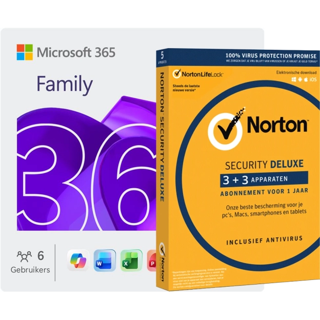 Microsoft 365 Family + Norton Security Deluxe | 6 Apparaten | 1 Jaar