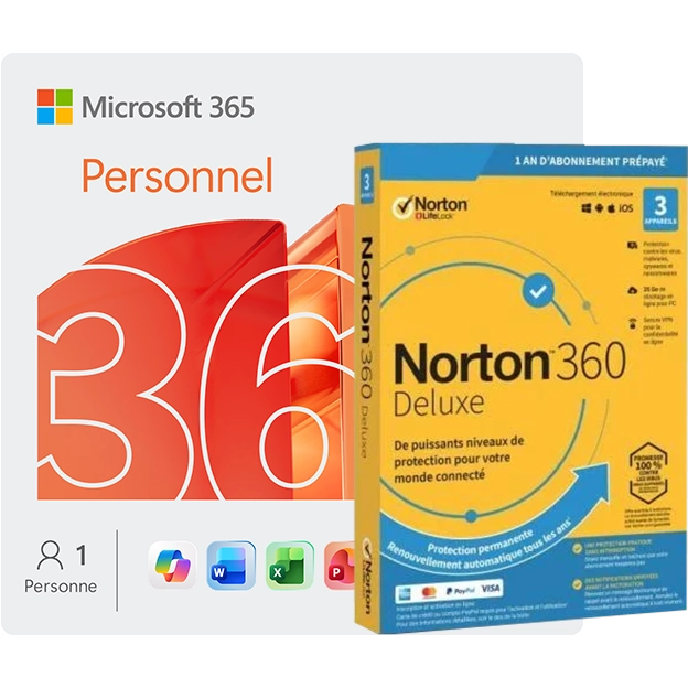 Microsoft 365 Personnel + Norton 360 Deluxe | 3 appareils | 1 an