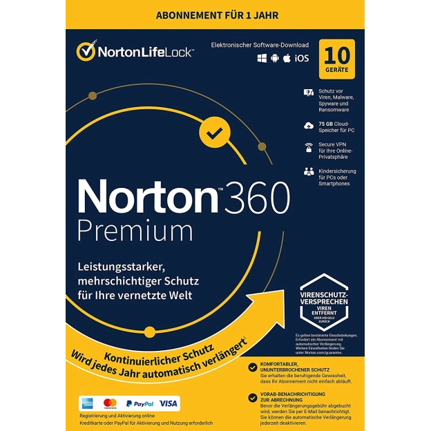 Norton 360 Premium | 10 Geräte | 1 Jahr | 2026 | 75 GB Cloud-Backup