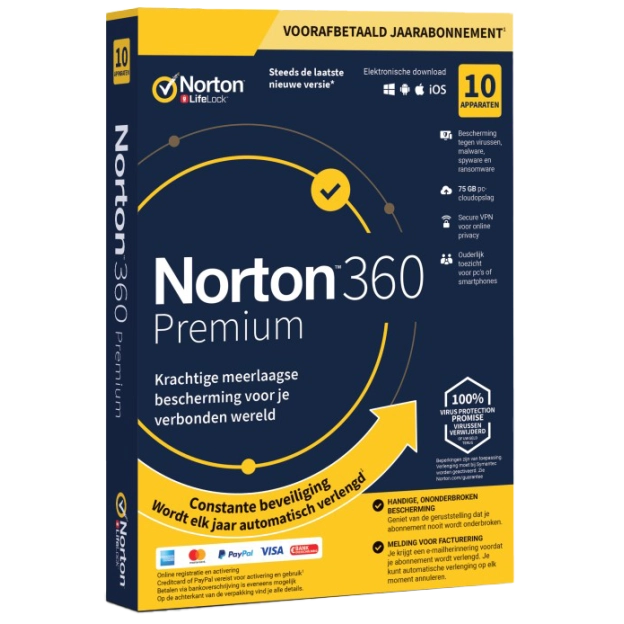 Norton 360 Premium | 10 Apparaten | 1 Jaar | 2026 | 75 GB Cloud backup