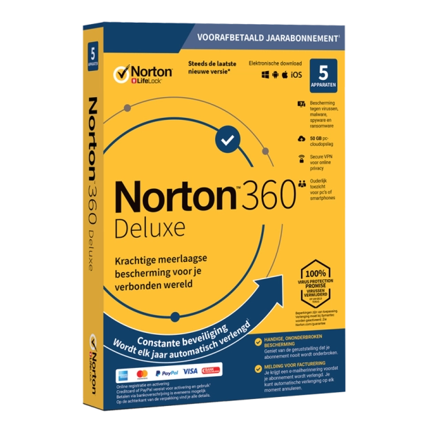 Norton 360 Deluxe | 5 Apparaten | 1 Jaar | 2026 | 50 GB Cloud back-up